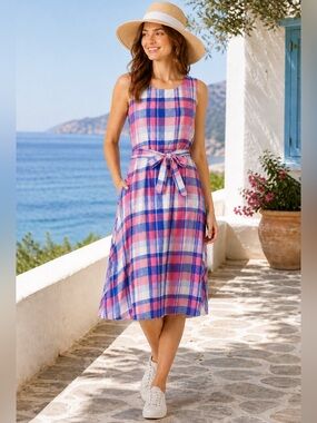 Joules Pink Blue Plaid Fiona Midi Dress Cotton Sleeveless Tie Waist 6